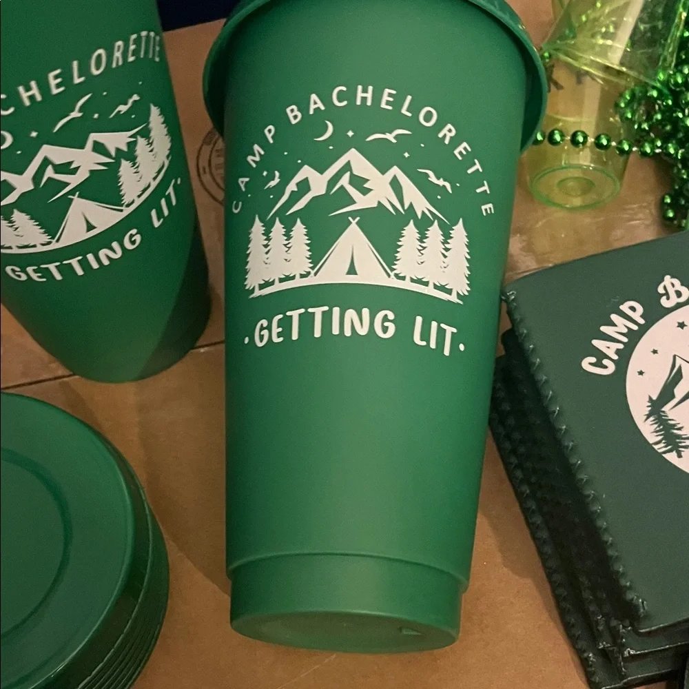 Camp Bachelorette Getting Lit Green Party Cups & Koozies Set
